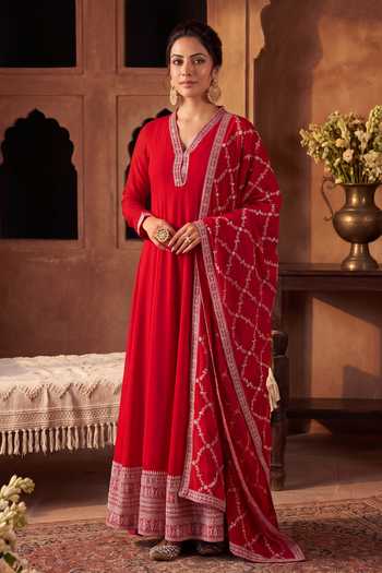 Buy Khwaab By Sanjana Lakhani Pink Silk V-neck V Anarkali And Dupatta Set Online at Aza Fashions Buy_Khwaab By Sanjana Lakhani_Pink Silk V-neck V Anarkali And Dupatta Set _Online_at_Aza_Fashions