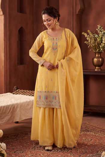 Khwaab By Sanjana Lakhani Yellow Silk Round Neck, Yes Embroidered Kurta Sharara Set Online at Aza Fashions Khwaab By Sanjana Lakhani_Yellow Silk Round Neck, Yes Embroidered Kurta Sharara Set _Online_at_Aza_Fashions