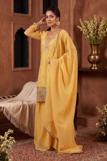 Buy Khwaab By Sanjana Lakhani Yellow Silk Round Neck, Yes Embroidered Kurta Sharara Set Online at Aza Fashions Buy_Khwaab By Sanjana Lakhani_Yellow Silk Round Neck, Yes Embroidered Kurta Sharara Set _Online_at_Aza_Fashions