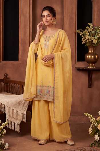 Shop Khwaab By Sanjana Lakhani Yellow Silk Round Neck, Yes Embroidered Kurta Sharara Set Online at Aza Fashions Shop_Khwaab By Sanjana Lakhani_Yellow Silk Round Neck, Yes Embroidered Kurta Sharara Set _Online_at_Aza_Fashions