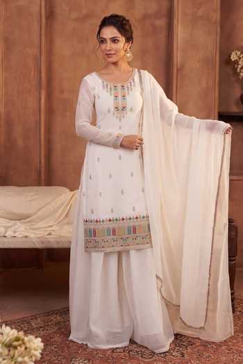 Khwaab By Sanjana Lakhani White Silk Scoop Neck Full Sleeves Kurta Sharara Set Online at Aza Fashions Khwaab By Sanjana Lakhani_White Silk Scoop Neck Full Sleeves Kurta Sharara Set _Online_at_Aza_Fashions