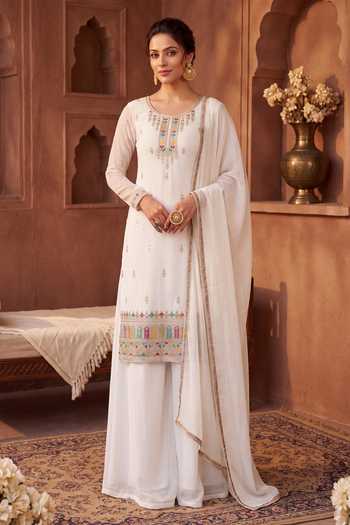 Buy Khwaab By Sanjana Lakhani White Silk Scoop Neck Full Sleeves Kurta Sharara Set Online at Aza Fashions Buy_Khwaab By Sanjana Lakhani_White Silk Scoop Neck Full Sleeves Kurta Sharara Set _Online_at_Aza_Fashions