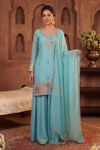 Khwaab By Sanjana Lakhani Sky Blue Silk Scoop Neck, Yes Hand Embroidered Kurta Sharara Set Online at Aza Fashions Khwaab By Sanjana Lakhani_Sky Blue Silk Scoop Neck, Yes Hand Embroidered Kurta Sharara Set _Online_at_Aza_Fashions