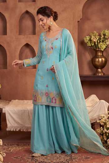 Buy Khwaab By Sanjana Lakhani Sky Blue Silk Scoop Neck, Yes Hand Embroidered Kurta Sharara Set Online at Aza Fashions Buy_Khwaab By Sanjana Lakhani_Sky Blue Silk Scoop Neck, Yes Hand Embroidered Kurta Sharara Set _Online_at_Aza_Fashions