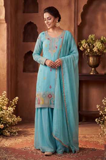 Shop Khwaab By Sanjana Lakhani Sky Blue Silk Scoop Neck, Yes Hand Embroidered Kurta Sharara Set Online at Aza Fashions Shop_Khwaab By Sanjana Lakhani_Sky Blue Silk Scoop Neck, Yes Hand Embroidered Kurta Sharara Set _Online_at_Aza_Fashions