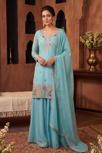 Khwaab By Sanjana Lakhani Sky Blue Silk Scoop Neck, Yes Hand Embroidered Kurta Sharara Set at Aza Fashions Khwaab By Sanjana Lakhani_Sky Blue Silk Scoop Neck, Yes Hand Embroidered Kurta Sharara Set _at_Aza_Fashions