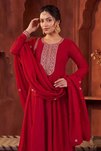 Buy Khwaab By Sanjana Lakhani Red Silk Round Neck Embroidered Anarkali Kurta Set Online at Aza Fashions Buy_Khwaab By Sanjana Lakhani_Red Silk Round Neck Embroidered Anarkali Kurta Set _Online_at_Aza_Fashions