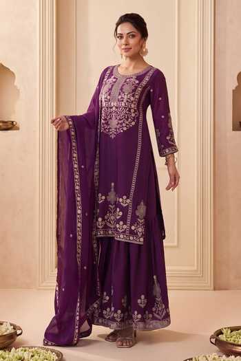 Khwaab By Sanjana Lakhani Purple Silk Embroidery Round Neck, Yes Floral Kurta Palazzo Set Online at Aza Fashions Khwaab By Sanjana Lakhani_Purple Silk Embroidery Round Neck, Yes Floral Kurta Palazzo Set _Online_at_Aza_Fashions