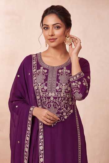 Buy Khwaab By Sanjana Lakhani Purple Silk Embroidery Round Neck, Yes Floral Kurta Palazzo Set Online at Aza Fashions Buy_Khwaab By Sanjana Lakhani_Purple Silk Embroidery Round Neck, Yes Floral Kurta Palazzo Set _Online_at_Aza_Fashions