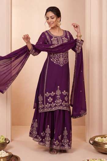 Shop Khwaab By Sanjana Lakhani Purple Silk Embroidery Round Neck, Yes Floral Kurta Palazzo Set Online at Aza Fashions Shop_Khwaab By Sanjana Lakhani_Purple Silk Embroidery Round Neck, Yes Floral Kurta Palazzo Set _Online_at_Aza_Fashions