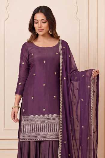Khwaab By Sanjana Lakhani Purple Silk Scoop Neck, Yes Embroidered Straight Kurta Palazzo Set Online at Aza Fashions Khwaab By Sanjana Lakhani_Purple Silk Scoop Neck, Yes Embroidered Straight Kurta Palazzo Set _Online_at_Aza_Fashions