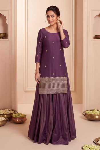Buy Khwaab By Sanjana Lakhani Purple Silk Scoop Neck, Yes Embroidered Straight Kurta Palazzo Set Online at Aza Fashions Buy_Khwaab By Sanjana Lakhani_Purple Silk Scoop Neck, Yes Embroidered Straight Kurta Palazzo Set _Online_at_Aza_Fashions