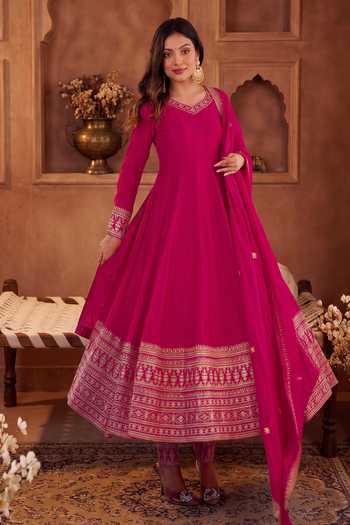 Khwaab By Sanjana Lakhani Pink Silk V-neck V Anarkali Set Online at Aza Fashions Khwaab By Sanjana Lakhani_Pink Silk V-neck V Anarkali Set _Online_at_Aza_Fashions
