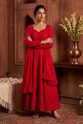 Khwaab By Sanjana Lakhani Red Georgette, Silk Scoop Neck Embroidered V Anarkali Set Online at Aza Fashions Khwaab By Sanjana Lakhani_Red Georgette, Silk Scoop Neck Embroidered V Anarkali Set _Online_at_Aza_Fashions