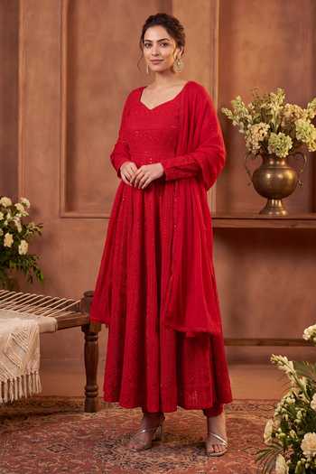 Buy Khwaab By Sanjana Lakhani Red Georgette, Silk Scoop Neck Embroidered V Anarkali Set Online at Aza Fashions Buy_Khwaab By Sanjana Lakhani_Red Georgette, Silk Scoop Neck Embroidered V Anarkali Set _Online_at_Aza_Fashions