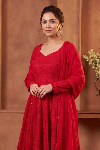 Shop Khwaab By Sanjana Lakhani Red Georgette, Silk Scoop Neck Embroidered V Anarkali Set Online at Aza Fashions Shop_Khwaab By Sanjana Lakhani_Red Georgette, Silk Scoop Neck Embroidered V Anarkali Set _Online_at_Aza_Fashions