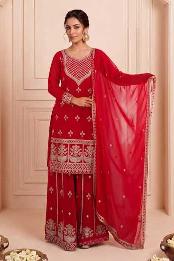 Buy Khwaab By Sanjana Lakhani Red Georgette V-neck Hand Embroidered Kurta Set With Sharara Online at Aza Fashions Buy_Khwaab By Sanjana Lakhani_Red Georgette V-neck Hand Embroidered Kurta Set With Sharara _Online_at_Aza_Fashions