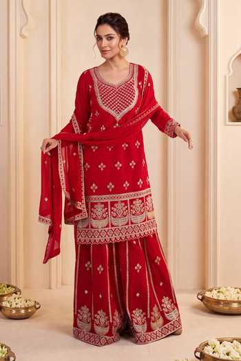 Shop Khwaab By Sanjana Lakhani Red Georgette V-neck Hand Embroidered Kurta Set With Sharara Online at Aza Fashions Shop_Khwaab By Sanjana Lakhani_Red Georgette V-neck Hand Embroidered Kurta Set With Sharara _Online_at_Aza_Fashions