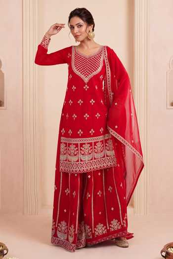 Khwaab By Sanjana Lakhani Red Georgette V-neck Hand Embroidered Kurta Set With Sharara at Aza Fashions Khwaab By Sanjana Lakhani_Red Georgette V-neck Hand Embroidered Kurta Set With Sharara _at_Aza_Fashions