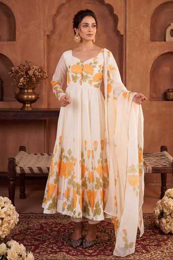 Buy Khwaab By Sanjana Lakhani White Organza, Silk Square Neck Floral Pattern Anarkali Set Online at Aza Fashions Buy_Khwaab By Sanjana Lakhani_White Organza, Silk Square Neck Floral Pattern Anarkali Set _Online_at_Aza_Fashions