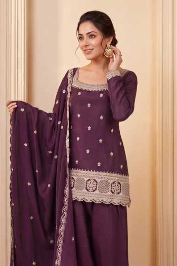 Buy Khwaab By Sanjana Lakhani Wine Silk Square Neck, Yes Embroidered Short Kurta Set Online at Aza Fashions Buy_Khwaab By Sanjana Lakhani_Wine Silk Square Neck, Yes Embroidered Short Kurta Set _Online_at_Aza_Fashions