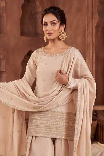 Khwaab By Sanjana Lakhani Cream Silk Round Neck, Yes Hand Embroidered Kurta Salwar Set Online at Aza Fashions Khwaab By Sanjana Lakhani_Cream Silk Round Neck, Yes Hand Embroidered Kurta Salwar Set _Online_at_Aza_Fashions