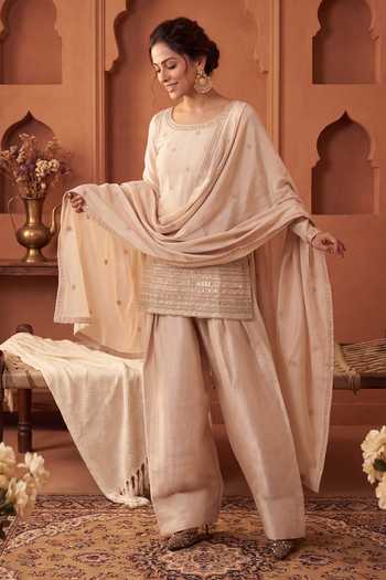 Shop Khwaab By Sanjana Lakhani Cream Silk Round Neck, Yes Hand Embroidered Kurta Salwar Set Online at Aza Fashions Shop_Khwaab By Sanjana Lakhani_Cream Silk Round Neck, Yes Hand Embroidered Kurta Salwar Set _Online_at_Aza_Fashions
