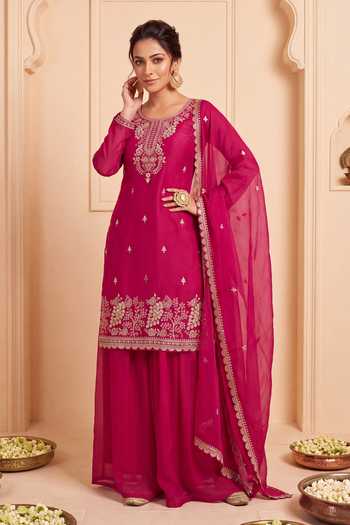 Khwaab By Sanjana Lakhani Pink Silk Round Neck Embroidered Straight Kurta Sharara Set Online at Aza Fashions Khwaab By Sanjana Lakhani_Pink Silk Round Neck Embroidered Straight Kurta Sharara Set _Online_at_Aza_Fashions