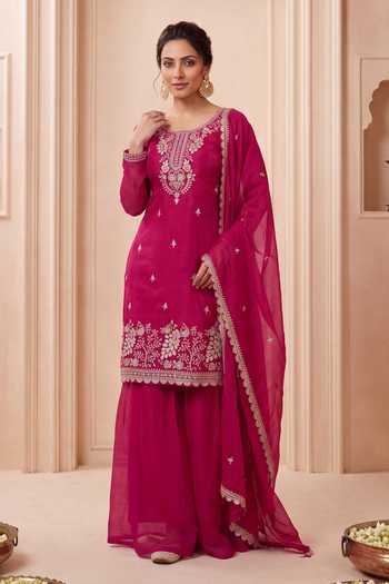 Buy Khwaab By Sanjana Lakhani Pink Silk Round Neck Embroidered Straight Kurta Sharara Set Online at Aza Fashions Buy_Khwaab By Sanjana Lakhani_Pink Silk Round Neck Embroidered Straight Kurta Sharara Set _Online_at_Aza_Fashions