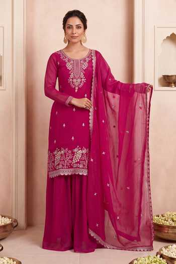 Shop Khwaab By Sanjana Lakhani Pink Silk Round Neck Embroidered Straight Kurta Sharara Set Online at Aza Fashions Shop_Khwaab By Sanjana Lakhani_Pink Silk Round Neck Embroidered Straight Kurta Sharara Set _Online_at_Aza_Fashions