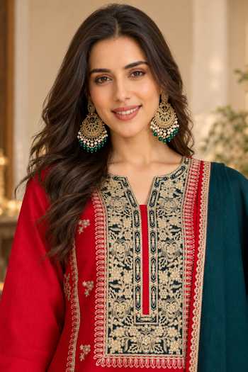 Buy_Jhambthreads_Red Silk V-neck Placement Embroidered Kurta Set _Online_at_Aza_Fashions