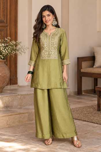 Jhambthreads_Green Silk Mirror Work Kurta Set _Online_at_Aza_Fashions