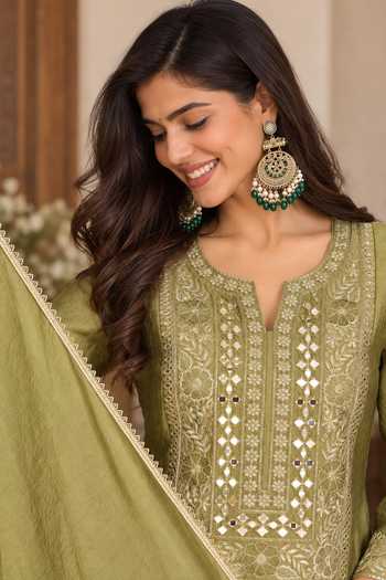 Shop_Jhambthreads_Green Silk Mirror Work Kurta Set _Online_at_Aza_Fashions