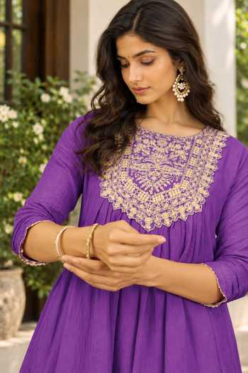 Jhambthreads_Purple Silk Square Neck Yoke Embroidered Anarkali With Palazzo _Online_at_Aza_Fashions