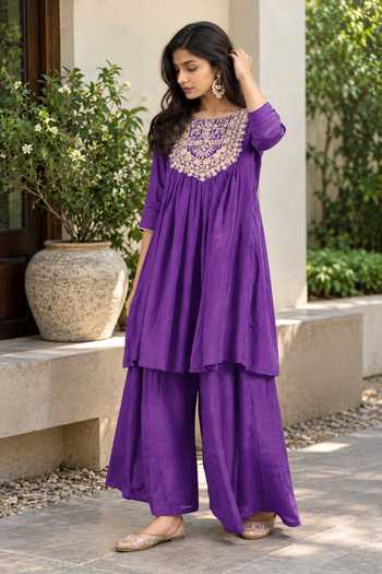 Shop_Jhambthreads_Purple Silk Square Neck Yoke Embroidered Anarkali With Palazzo _Online_at_Aza_Fashions