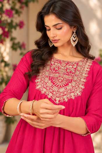 Jhambthreads_Magenta Silk Square Neck Placement Embroidered Anarkali With Palazzo _Online_at_Aza_Fashions