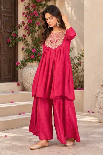 Shop_Jhambthreads_Magenta Silk Square Neck Placement Embroidered Anarkali With Palazzo _Online_at_Aza_Fashions
