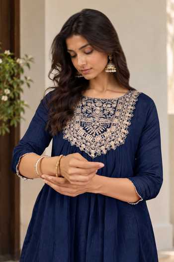 Jhambthreads Blue Silk Square Neck Embroidered Anarkali With Palazzo Online at Aza Fashions Jhambthreads_Blue Silk Square Neck Embroidered Anarkali With Palazzo _Online_at_Aza_Fashions