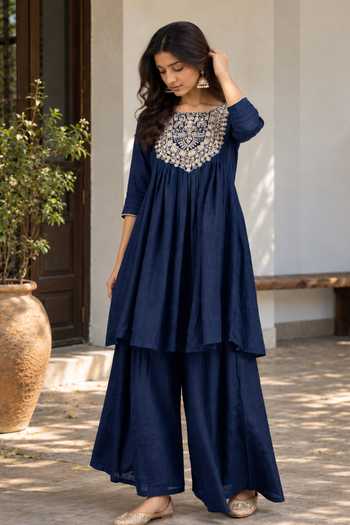 Buy Jhambthreads Blue Silk Square Neck Embroidered Anarkali With Palazzo Online at Aza Fashions Buy_Jhambthreads_Blue Silk Square Neck Embroidered Anarkali With Palazzo _Online_at_Aza_Fashions