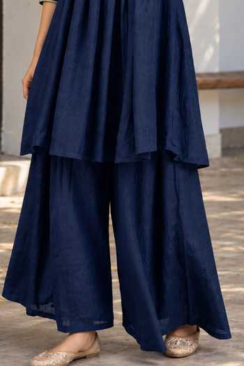Shop Jhambthreads Blue Silk Square Neck Embroidered Anarkali With Palazzo Online at Aza Fashions Shop_Jhambthreads_Blue Silk Square Neck Embroidered Anarkali With Palazzo _Online_at_Aza_Fashions
