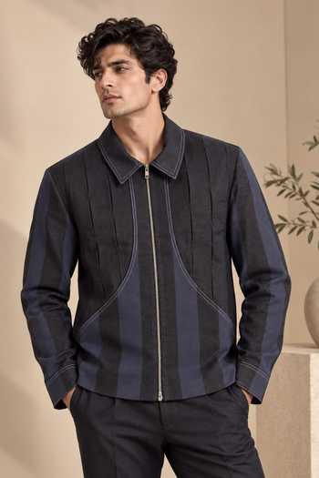 Mayank Modi - Men Midnight Navy Slash Striped Bomber Jacket 