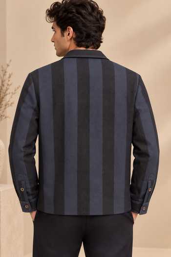Mayank Modi - Men Midnight Navy Slash Striped Bomber Jacket 