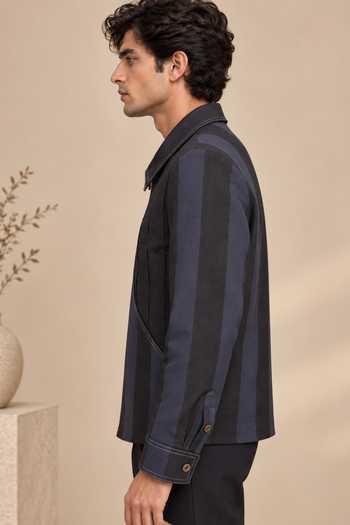 Mayank Modi - Men_Black Linen Midnight Navy Slash Striped Bomber Jacket _Online_at_Aza_Fashions
