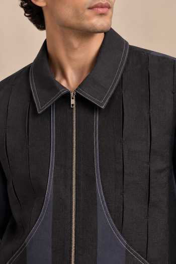 Buy_Mayank Modi - Men_Black Linen Midnight Navy Slash Striped Bomber Jacket _Online_at_Aza_Fashions