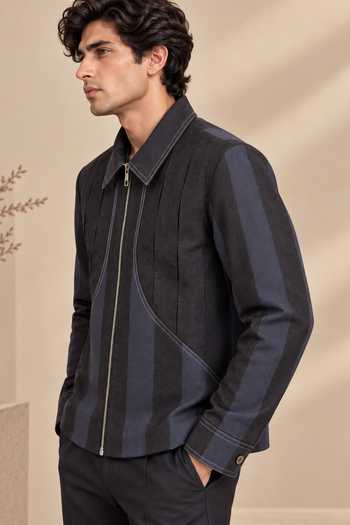 Shop_Mayank Modi - Men_Black Linen Midnight Navy Slash Striped Bomber Jacket _Online_at_Aza_Fashions