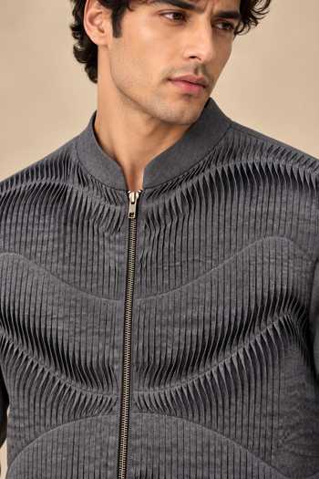 Mayank Modi - Men Charcoal Cotton The Slate Grey Origami Bomber Jacket Online at Aza Fashions Mayank Modi - Men_Charcoal Cotton The Slate Grey Origami Bomber Jacket _Online_at_Aza_Fashions