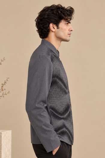 Shop Mayank Modi - Men Charcoal Cotton The Slate Grey Origami Bomber Jacket Online at Aza Fashions Shop_Mayank Modi - Men_Charcoal Cotton The Slate Grey Origami Bomber Jacket _Online_at_Aza_Fashions