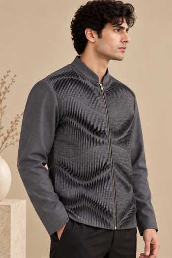 Mayank Modi - Men Charcoal Cotton The Slate Grey Origami Bomber Jacket at Aza Fashions Mayank Modi - Men_Charcoal Cotton The Slate Grey Origami Bomber Jacket _at_Aza_Fashions