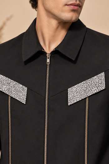 Mayank Modi - Men Black Cotton Onyx Terrazzo Bomber Jacket Online at Aza Fashions Mayank Modi - Men_Black Cotton Onyx Terrazzo Bomber Jacket _Online_at_Aza_Fashions