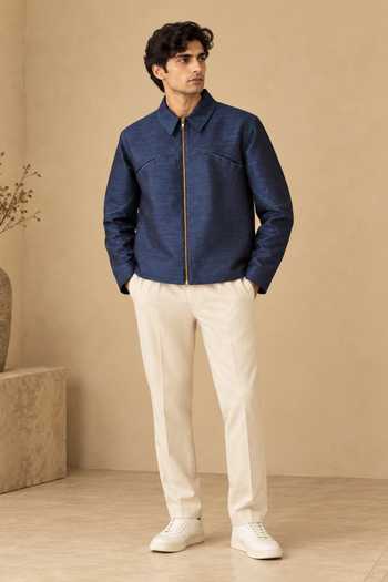 Mayank Modi - Men Blue Bemberg The Iris Bomber Jacket Online at Aza Fashions Mayank Modi - Men_Blue Bemberg The Iris Bomber Jacket _Online_at_Aza_Fashions